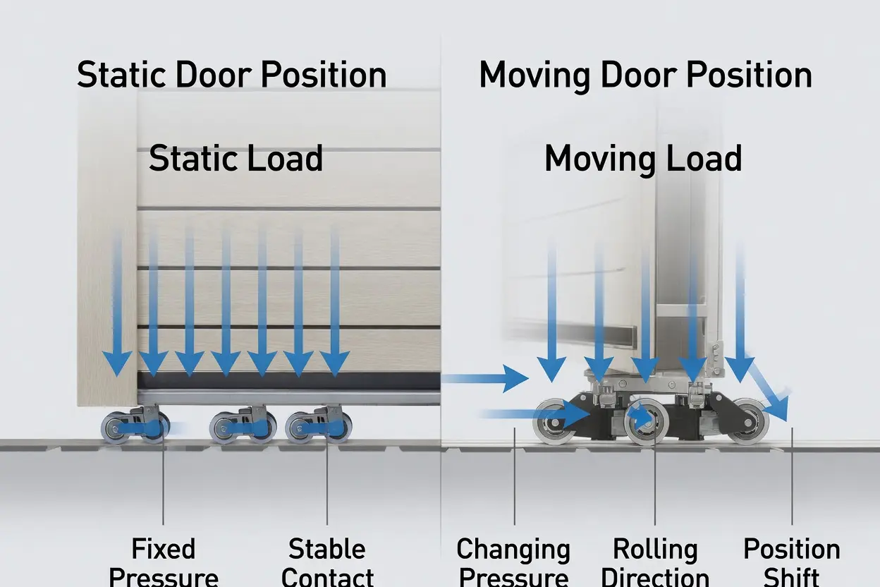 Sliding door wheel system static load vs moving load comparison – illustrating force distribution on track and rollers